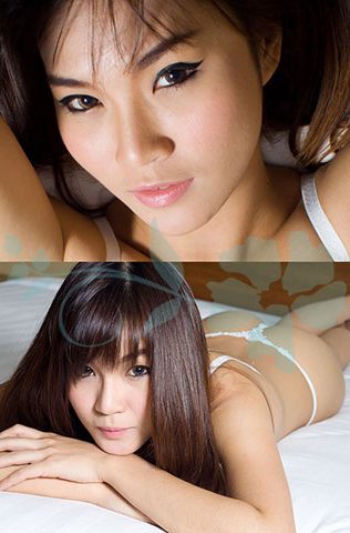 Brunette Asian poses bent over a chair to show off her bust.